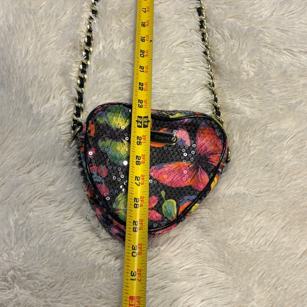 BETSEY JOHNSON Butterfly Heart Shaped Sequin Shoulder Bag Long Strap Small Purse - Picture 2 of 11
